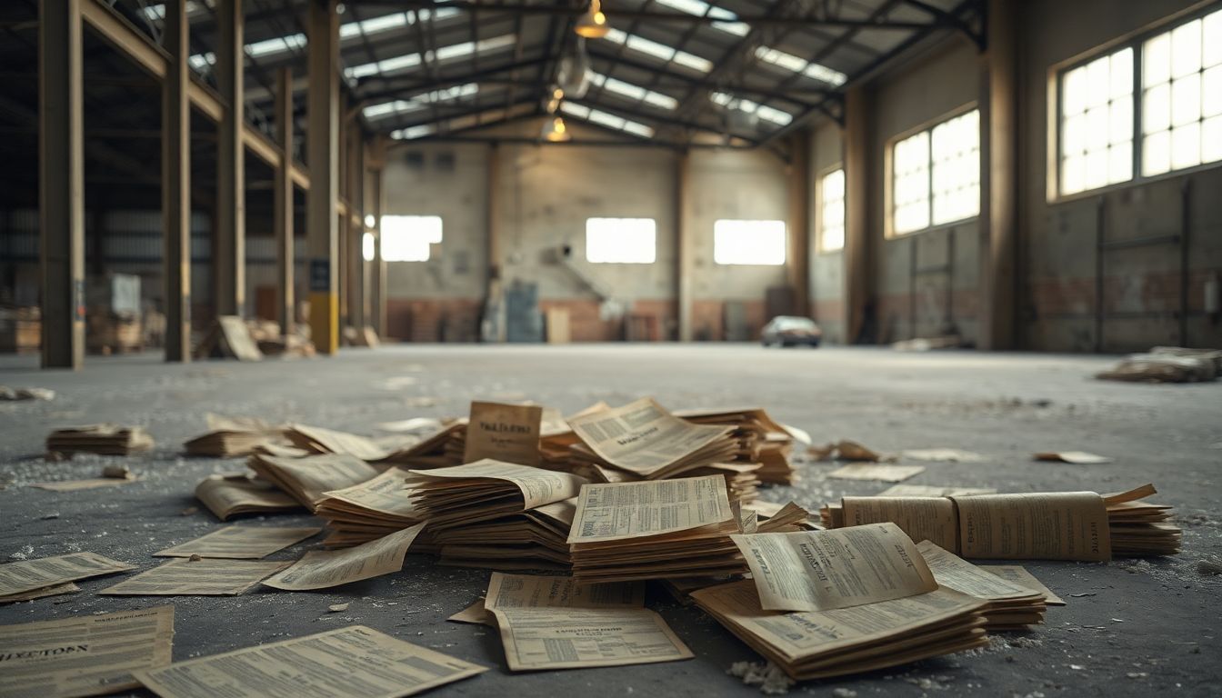 An abandoned warehouse with old yellow pages directories and dusty cobwebs.