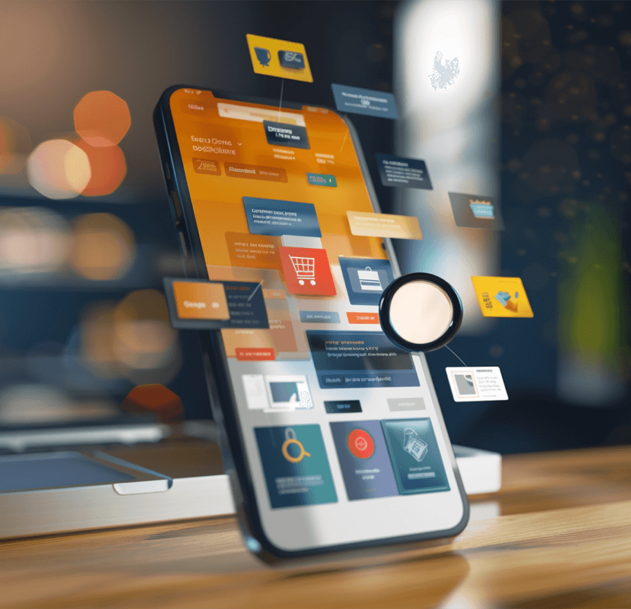 Smartphone displaying e-commerce app interface with icons.