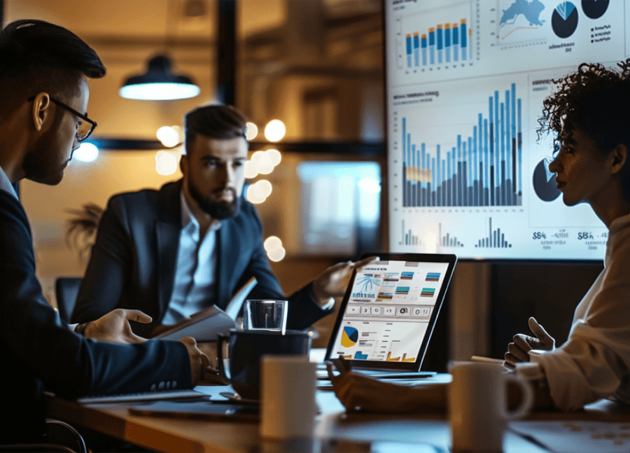 Business meeting with data presentation on screen.
