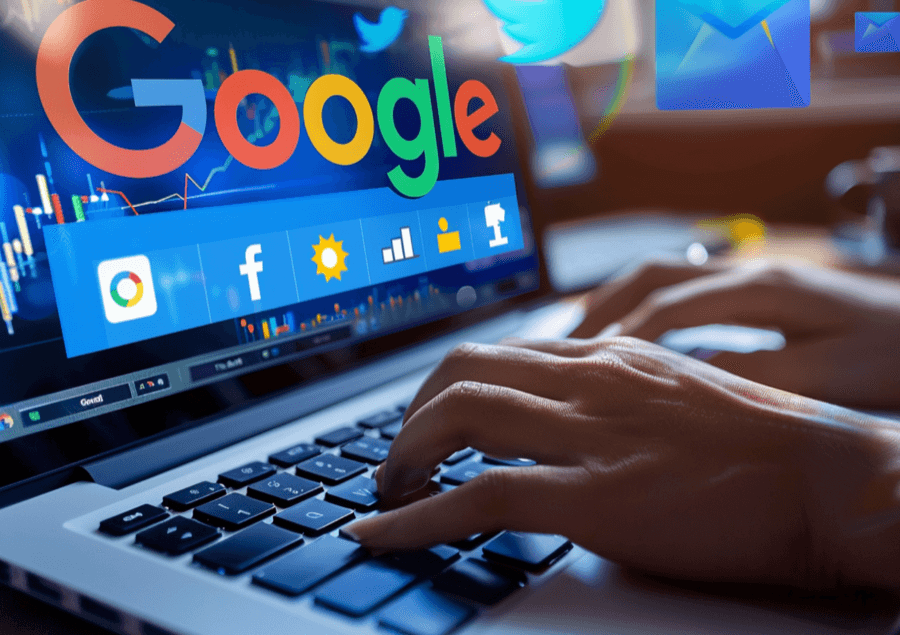 Person using laptop with Google homepage displayed