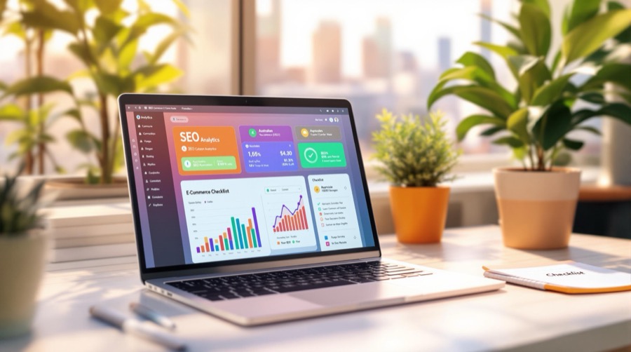 Laptop displaying SEO analytics dashboard.