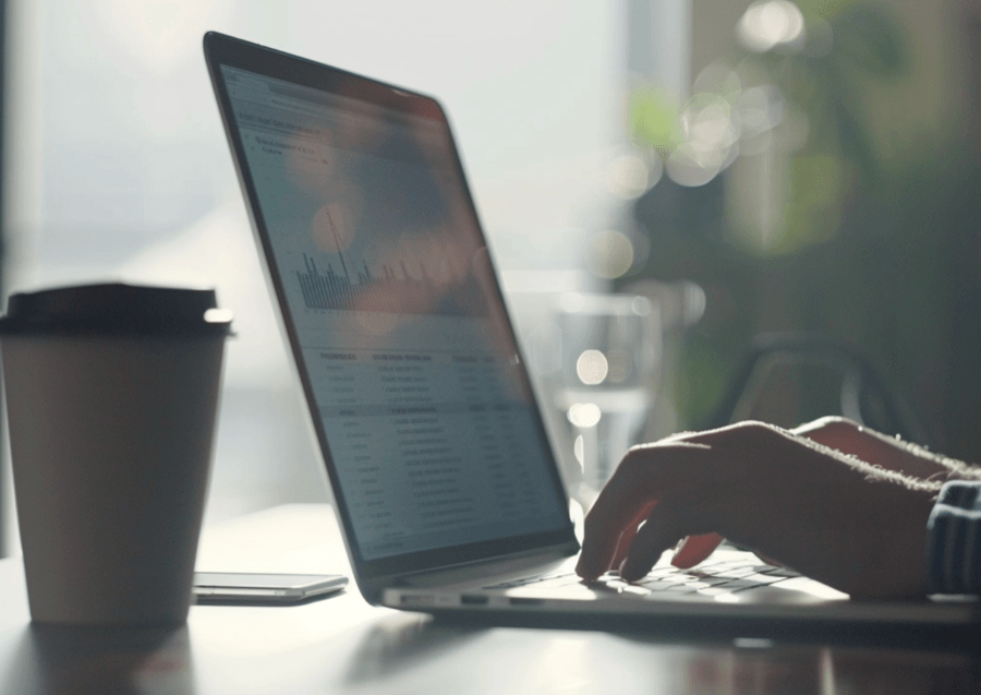 Someone working on laptop with data charts, blurred view.