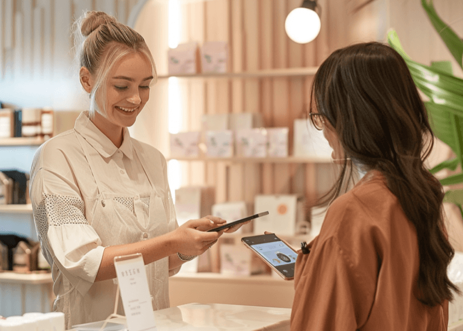 Customer using tablet at cosmetic store.
