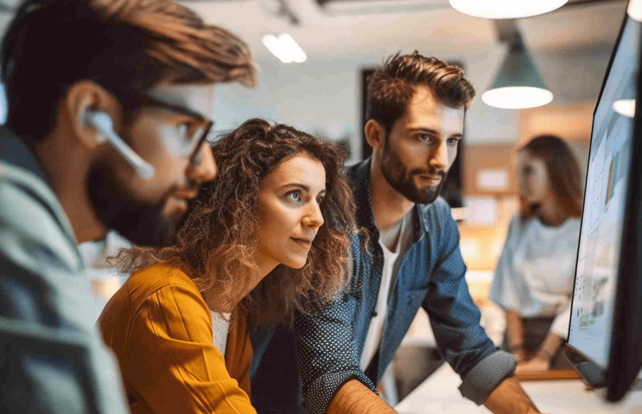 Team collaborating on project in modern office