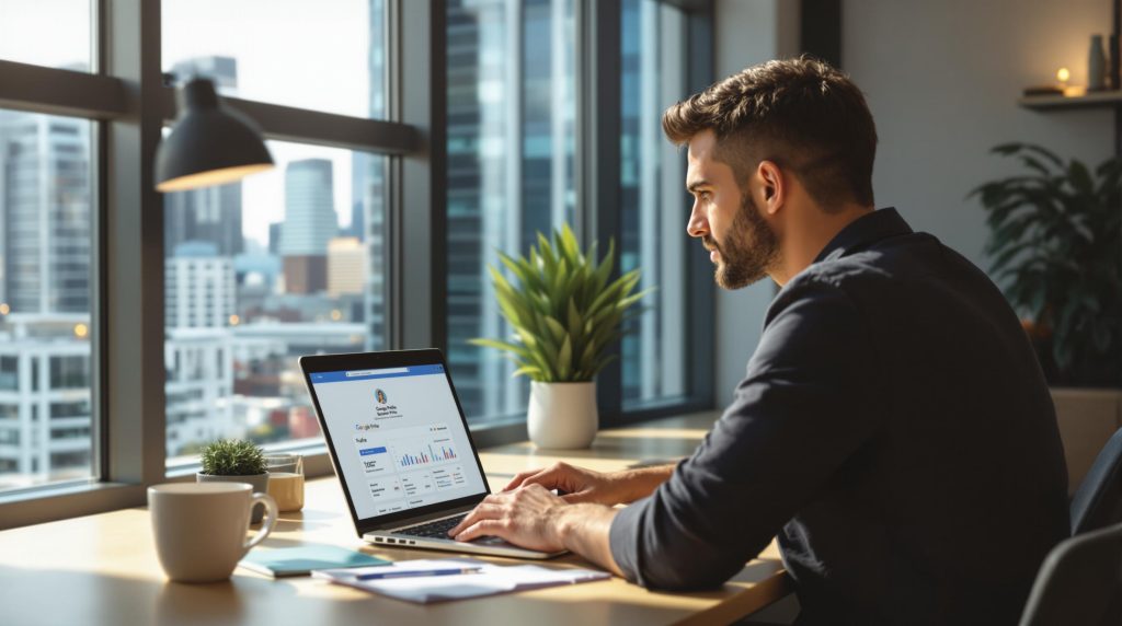 Man using laptop with city skyline view