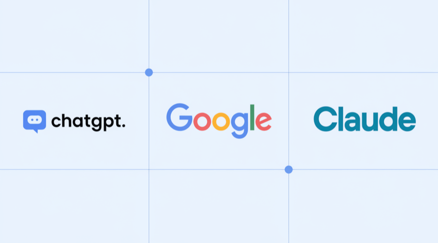 Logos of ChatGPT, Google, and Claude on grid.