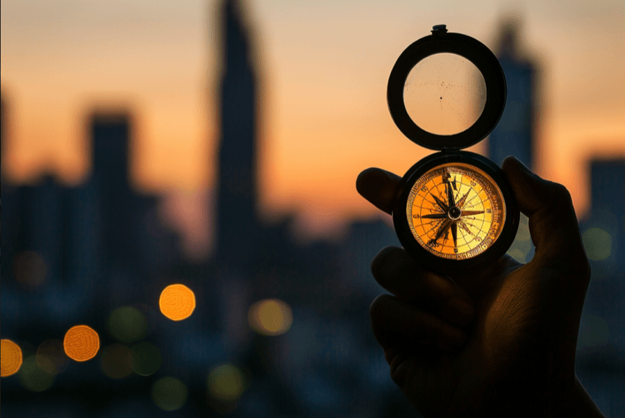 a hand holding a compass, pointing towards a simplified skyline silhouette