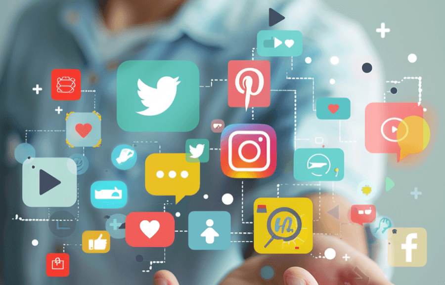 Person interacting with virtual social media icons