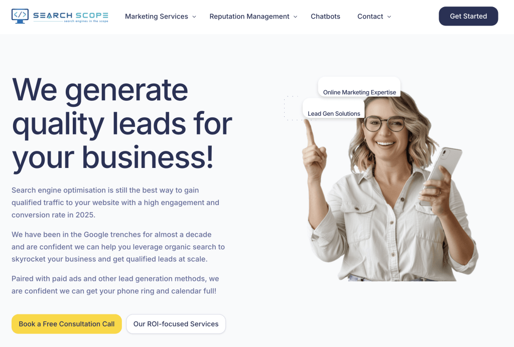 Smiling woman pointing at marketing text bubbles with phone