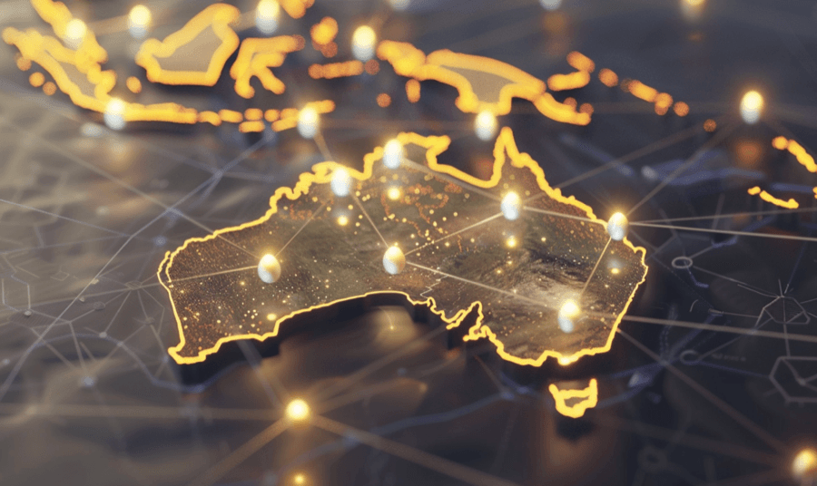 Illuminated digital map of Australia with network lines