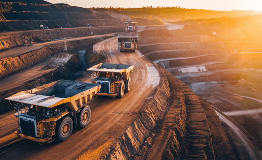 Sunset over busy Australian mining quarry with trucks