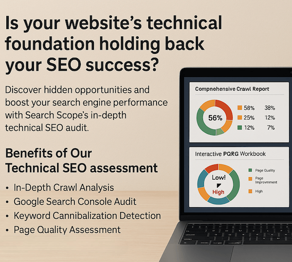 Laptop displaying SEO audit presentation with graphs