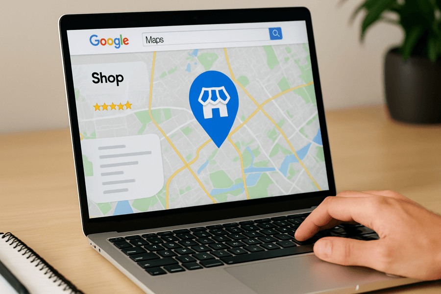 Laptop displaying Google Maps shop location search