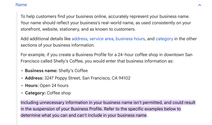 Screenshot explaining business profile details