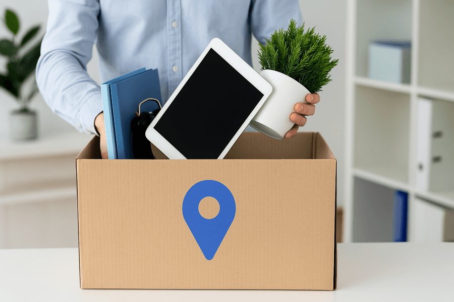 Person packing office belongings with location marker box