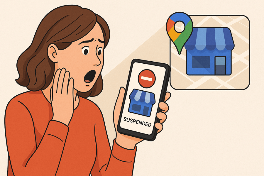 Worried woman viewing suspended business notification on phone