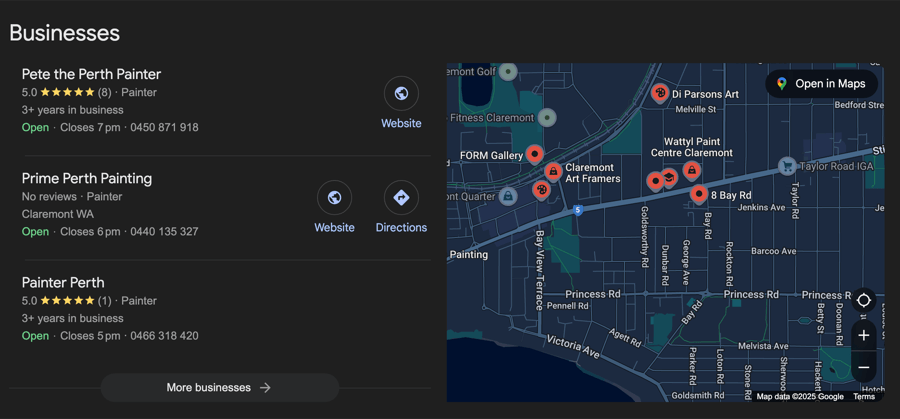Screen capture of Perth painting businesses and map.
