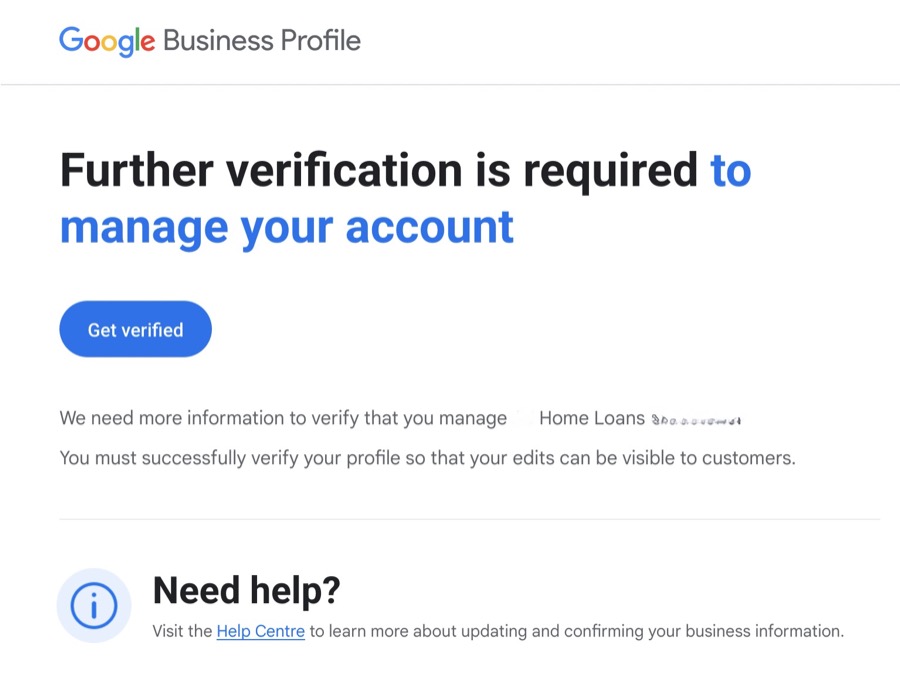 Google Business Profile verification prompt with help link