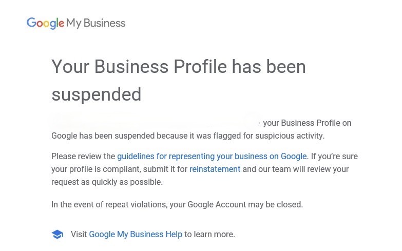 Google My Business suspension notification screen
