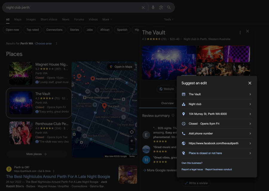 Screenshot of Google search results for nightclubs in Perth