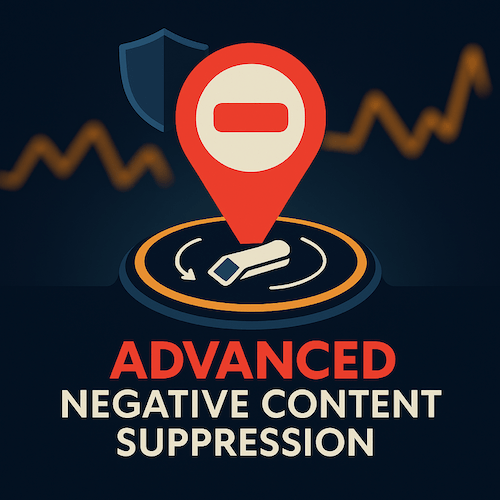 Graphic of location pin with shield and suppression theme