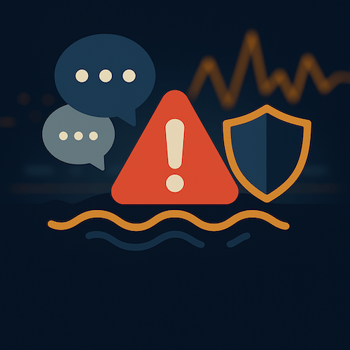 Graphic of alert symbol with shield and chat bubbles