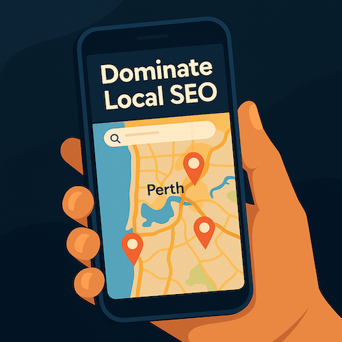 Hand holding smartphone showing Perth SEO map