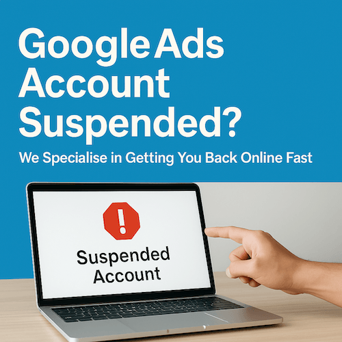 Advertisement for Google Ads account suspension recovery service