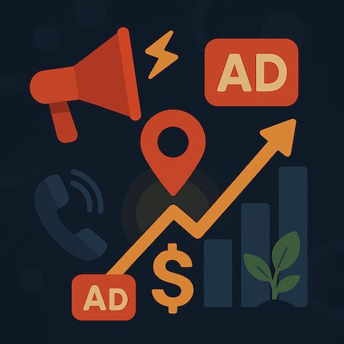Icons representing advertising effectiveness and growth metrics