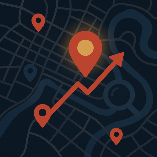 Stylised map with red location pins and route arrow