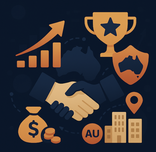 Australian business success symbols with handshake and icons