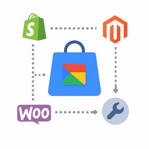E-commerce integration flowchart with various platform logos
