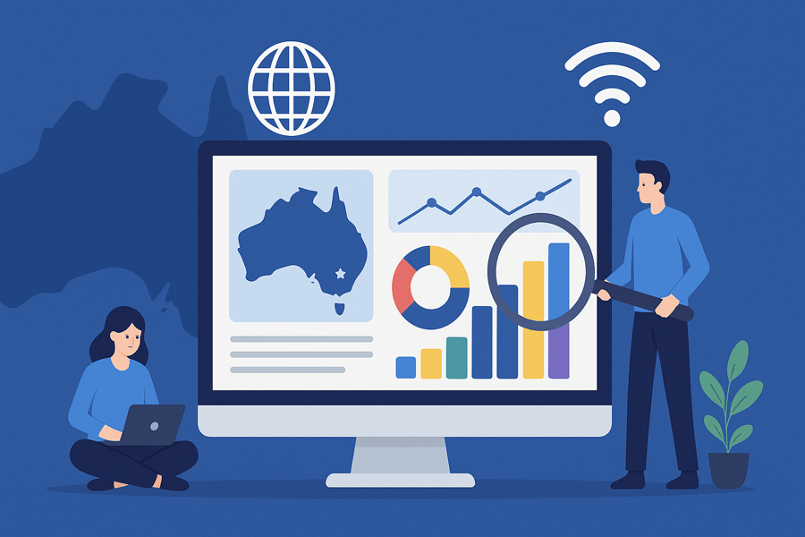 Australians analyzing data on computer with Australia map