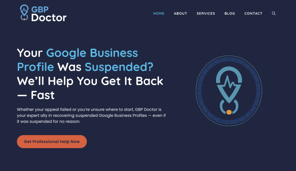 Webpage offering recovery of suspended Google Business Profiles