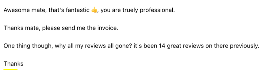Text message requesting invoice and discussing missing reviews.