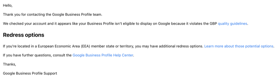Email from Google Business Profile Support discussing redress options