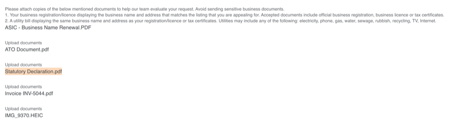 Webpage listing required documents for business evaluation
