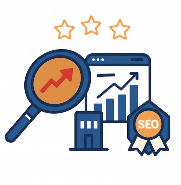 SEO and analytics icons with magnifying glass and charts