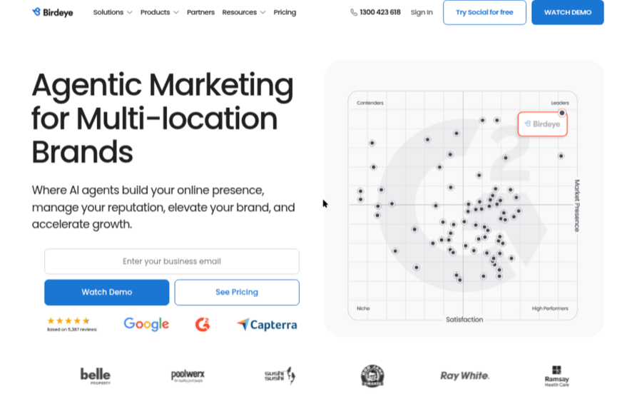Marketing website screenshot featuring analytics graph and demo options
