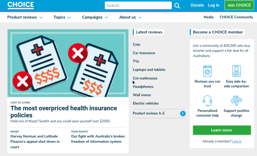 Screenshot of CHOICE website homepage showing articles