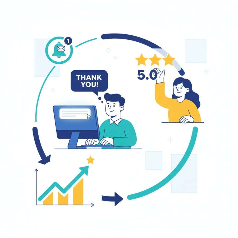 Illustration of customer feedback process with star rating