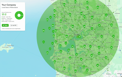 Map of Perth with green overlay and location markers