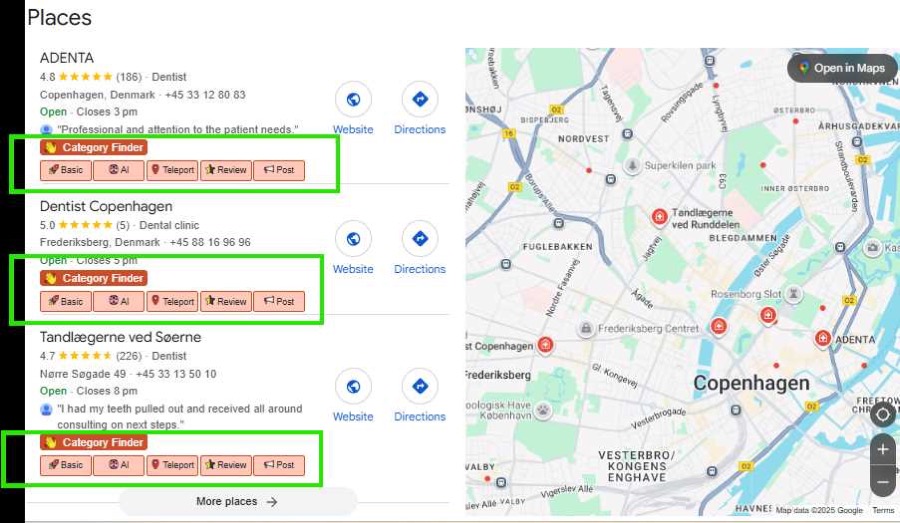 Screenshot mapping dental clinics in Copenhagen