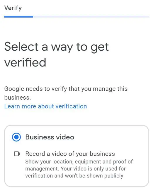 Screen showing business verification options