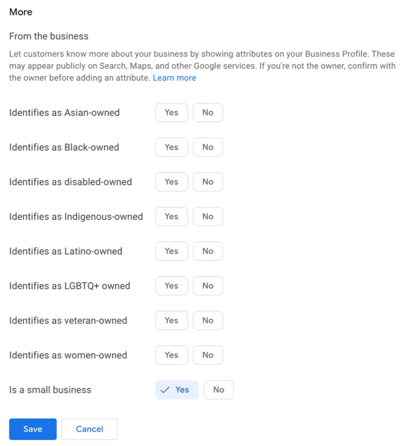 Screenshot of business profile diversity attributes selection