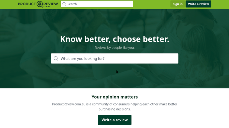 ProductReview.com.au homepage with search bar and slogan