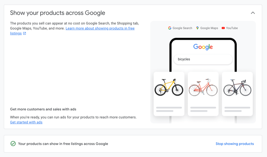 Google interface showing free product listings for bicycles
