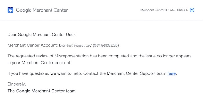 Screenshot of Google Merchant Center notification email