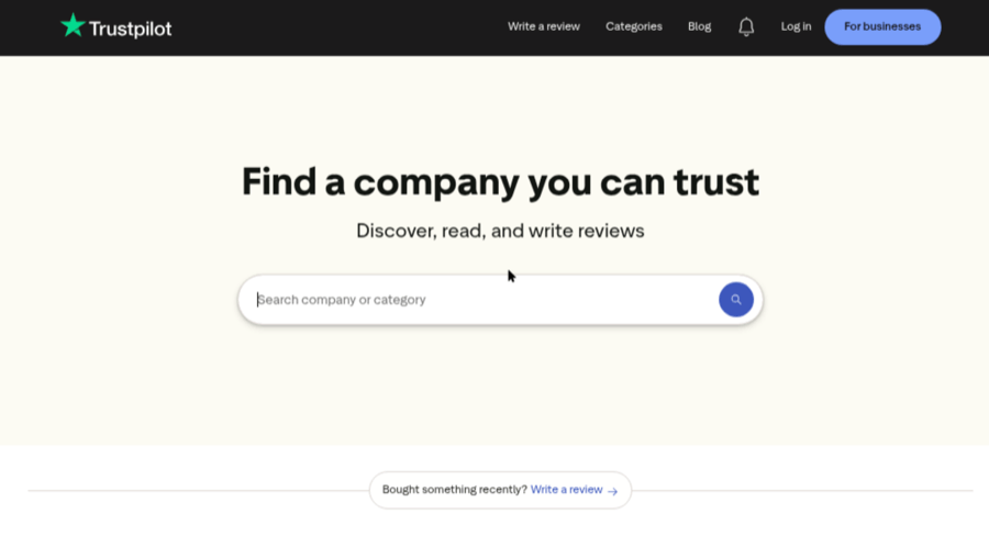 Trustpilot homepage with search bar for reviews