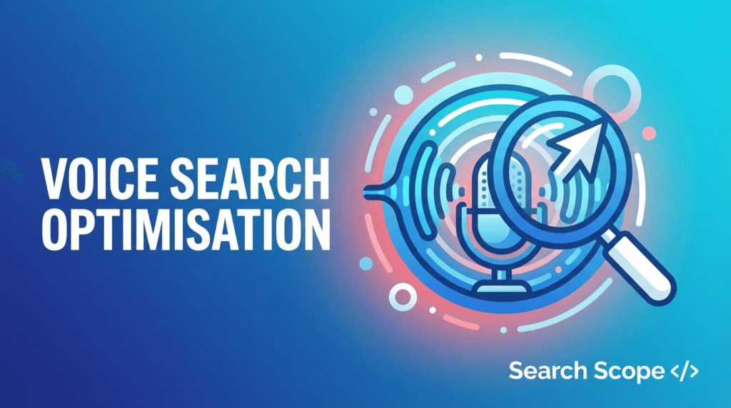 Voice search optimisation graphic with magnifying glass and microphone